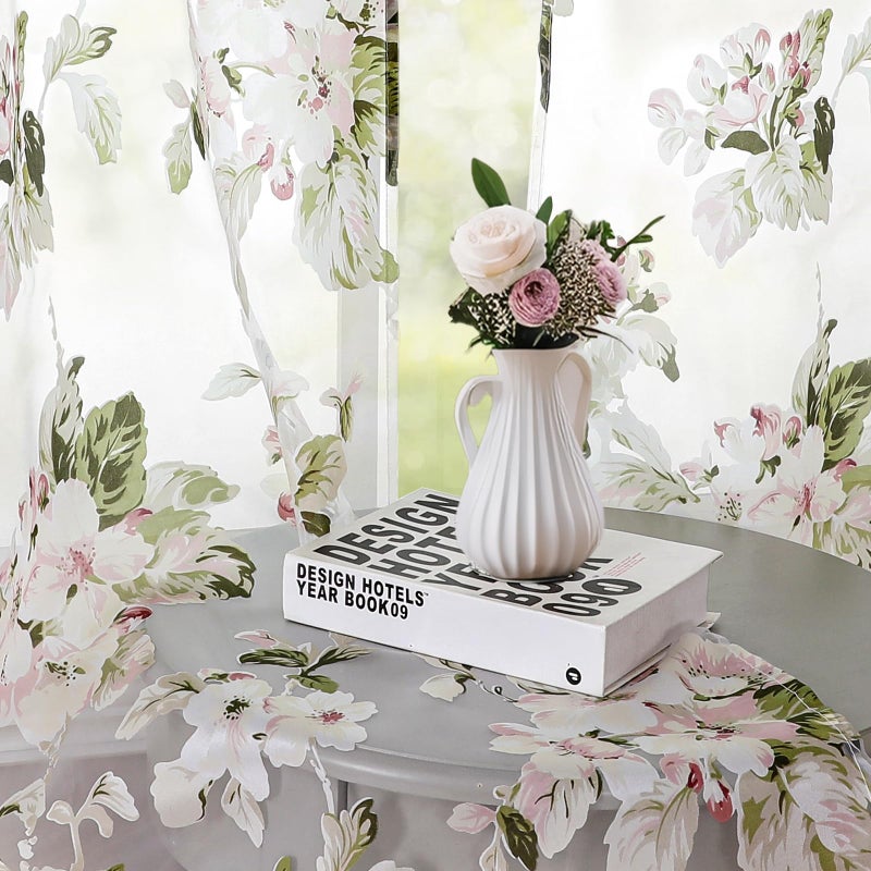 BROSHAN Pink Floral Sheer Curtains 78 Inches Long for Living Room, Pretty Flower Print Bedroom Curtain Sheers Transparent Window Curtains 2 Panels Set, Botanical Sage Green Leaves Pattern - Image 1